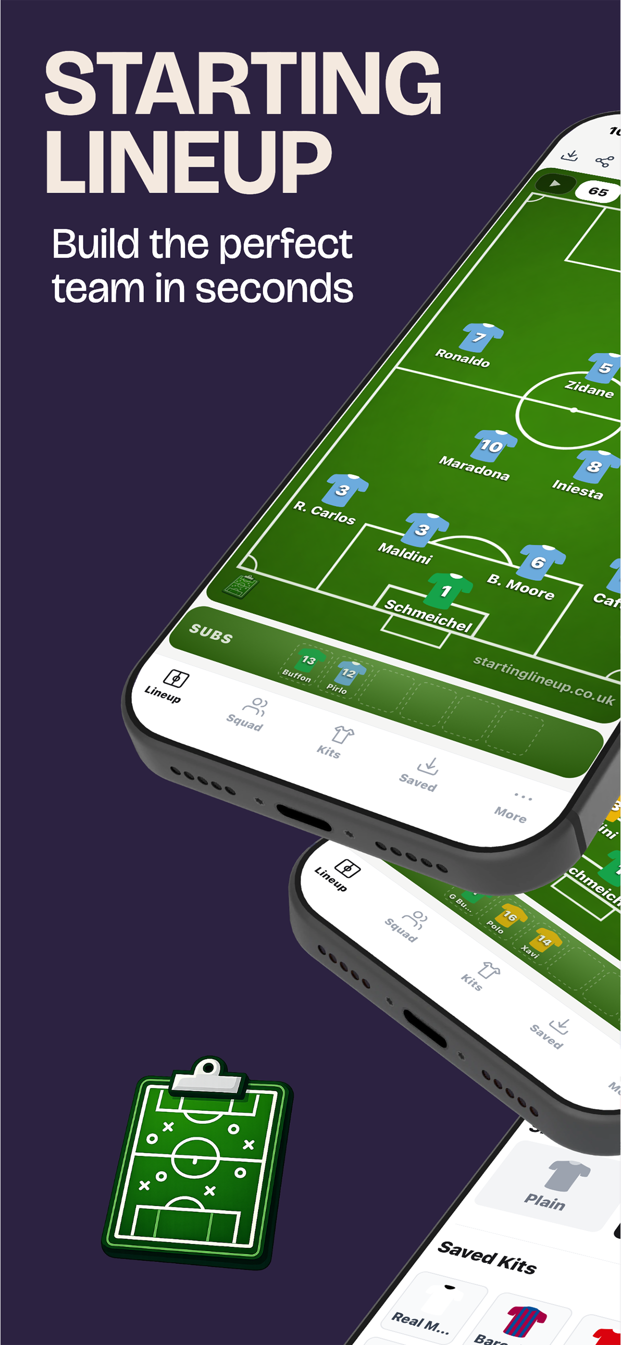Starting Lineup app showing a football formation on a green pitch