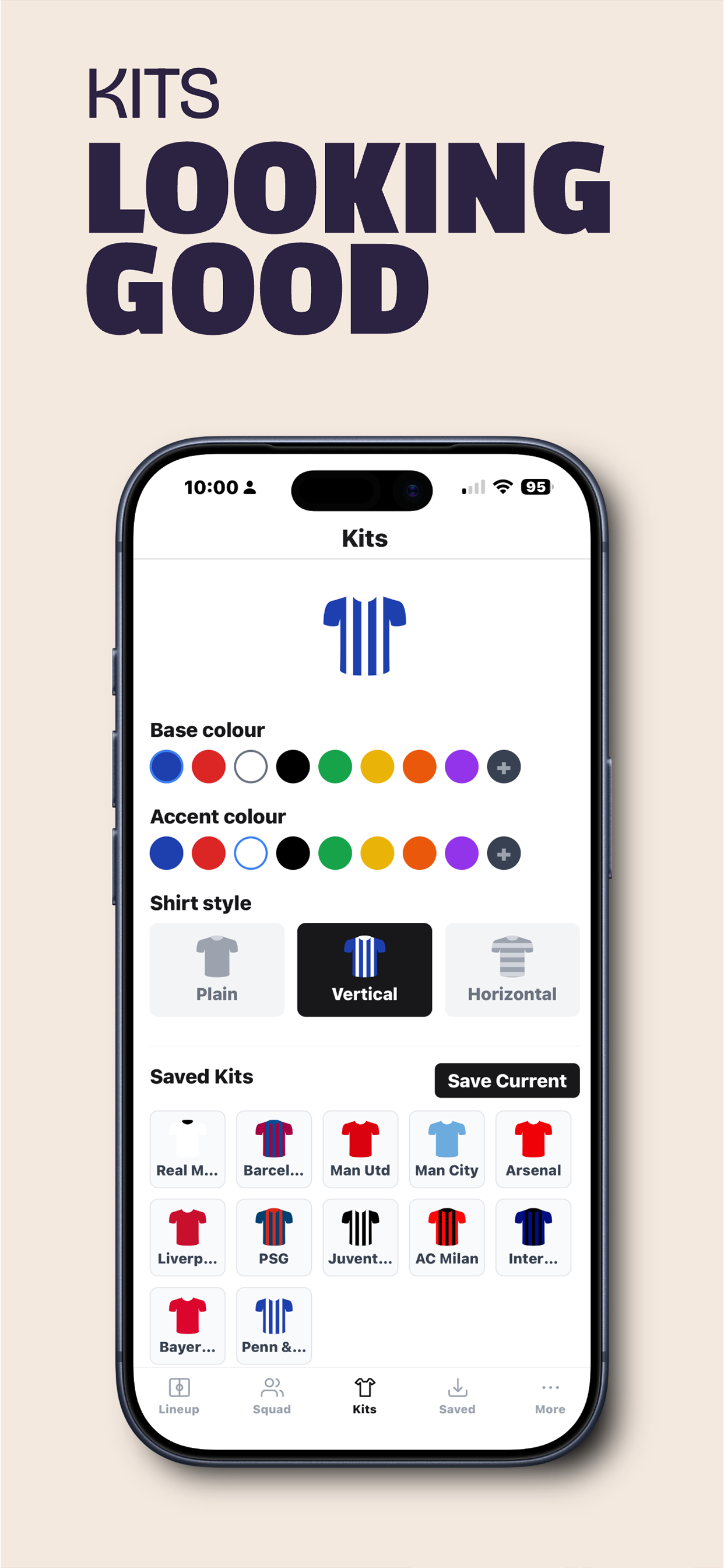 App showing kit customisation with colour picker and saved kits